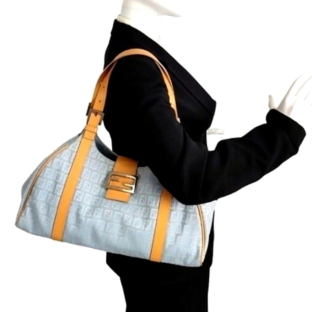 Fendi FF Monogram Blue Gray Zucchino Canvas Leather Baguette Shoulderbag Vintage